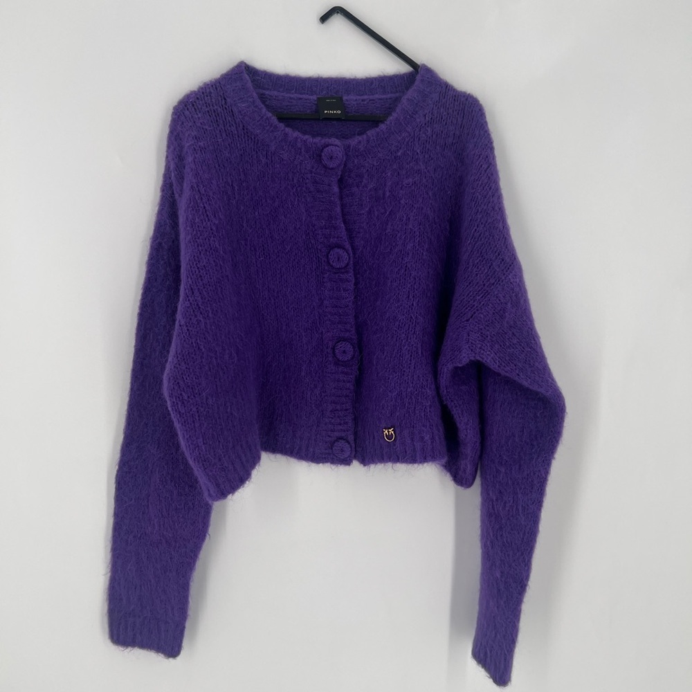 Pinko Mohair Wool Blend Purple Button Up Cropped Logo Plaque Soft Cardigan